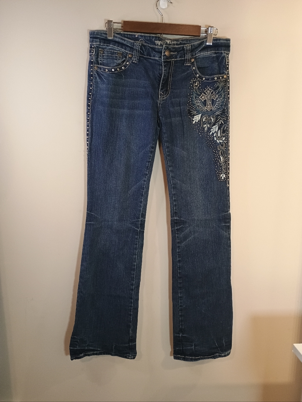 Trinity Ranch Y2K Style Western Women’s Dark Embellished Jeans with Cross Detail